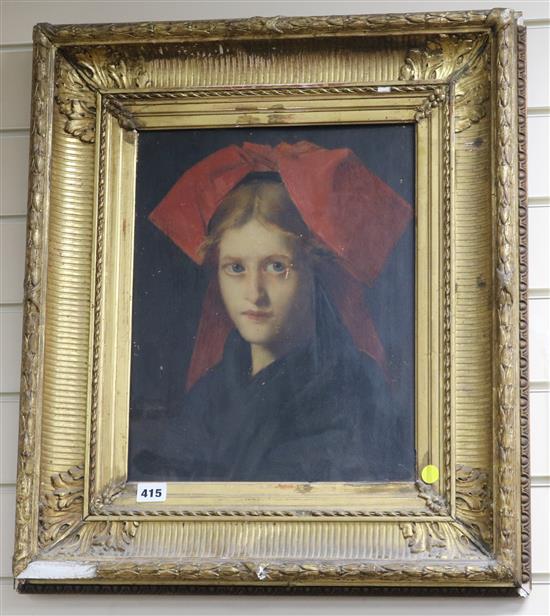 J. Henner, oil on panel, Portrait of a young lady wearing a red bonnet, signed, 39 x 31cm
